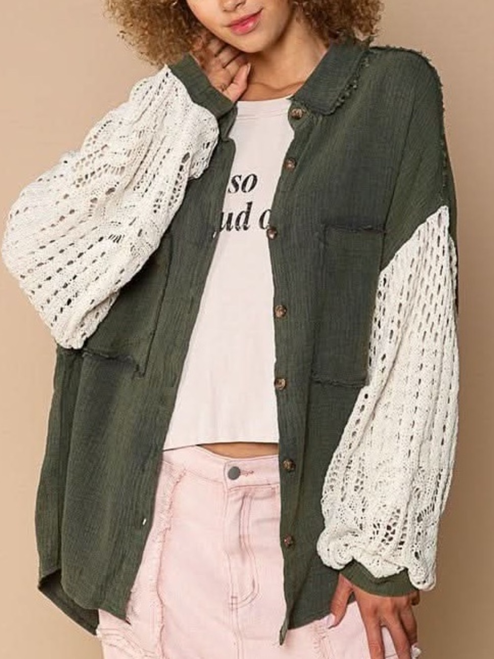 POL Olive Green Button-Up Shacket with Cream Crochet Sleeves - Sz S (039)